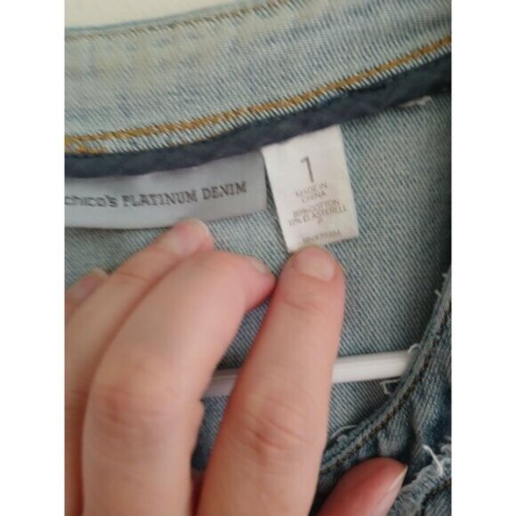 Chicos Size 1 Open Front Demin Jacket Cardigan Boho Frayed Jean Blazer - Picture 4 of 5